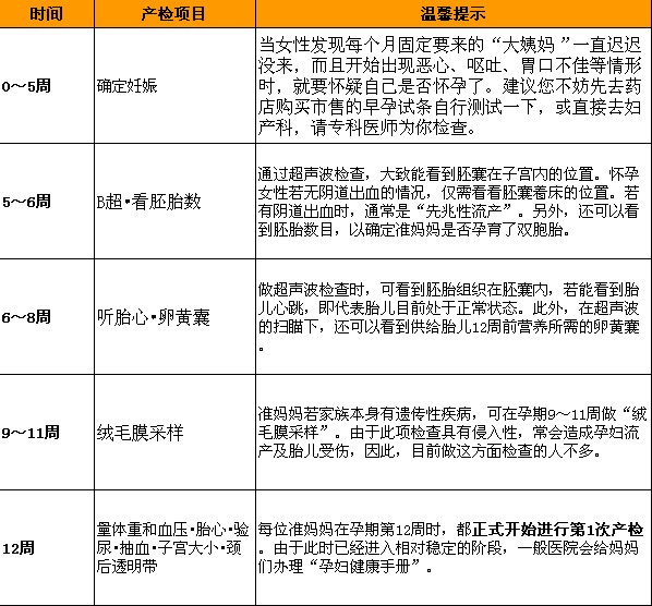 孕期检查表  产检时间表