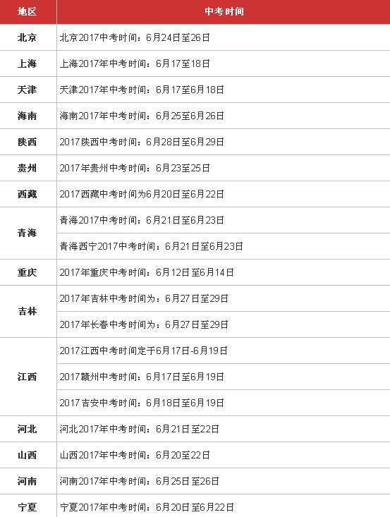 【2017年全国中考时间安排表】2017年中考是几月几号中考时间2017具体时间